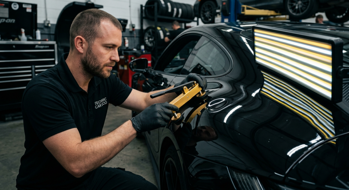 FIREFLY_A CLOSE UP CINEMATIC PHOTO OF A PROFESSIONAL TECHNICIAN PERFORMING PAINTLESS DENT REP 466060 | Technic Car Eco Débosselage sans peinture à Kingersheim près de Mulhouse Cernay